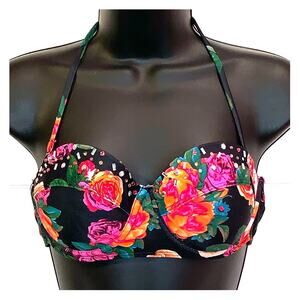 Endless Sun Medium Floral Bikini Top Black Multicolor Underwire Halter Swim